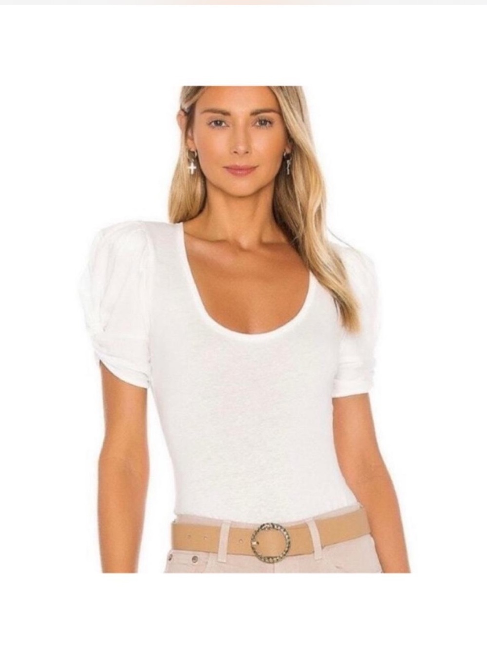 Free People White Scoop Neck Puff Sleeve Bodysuit